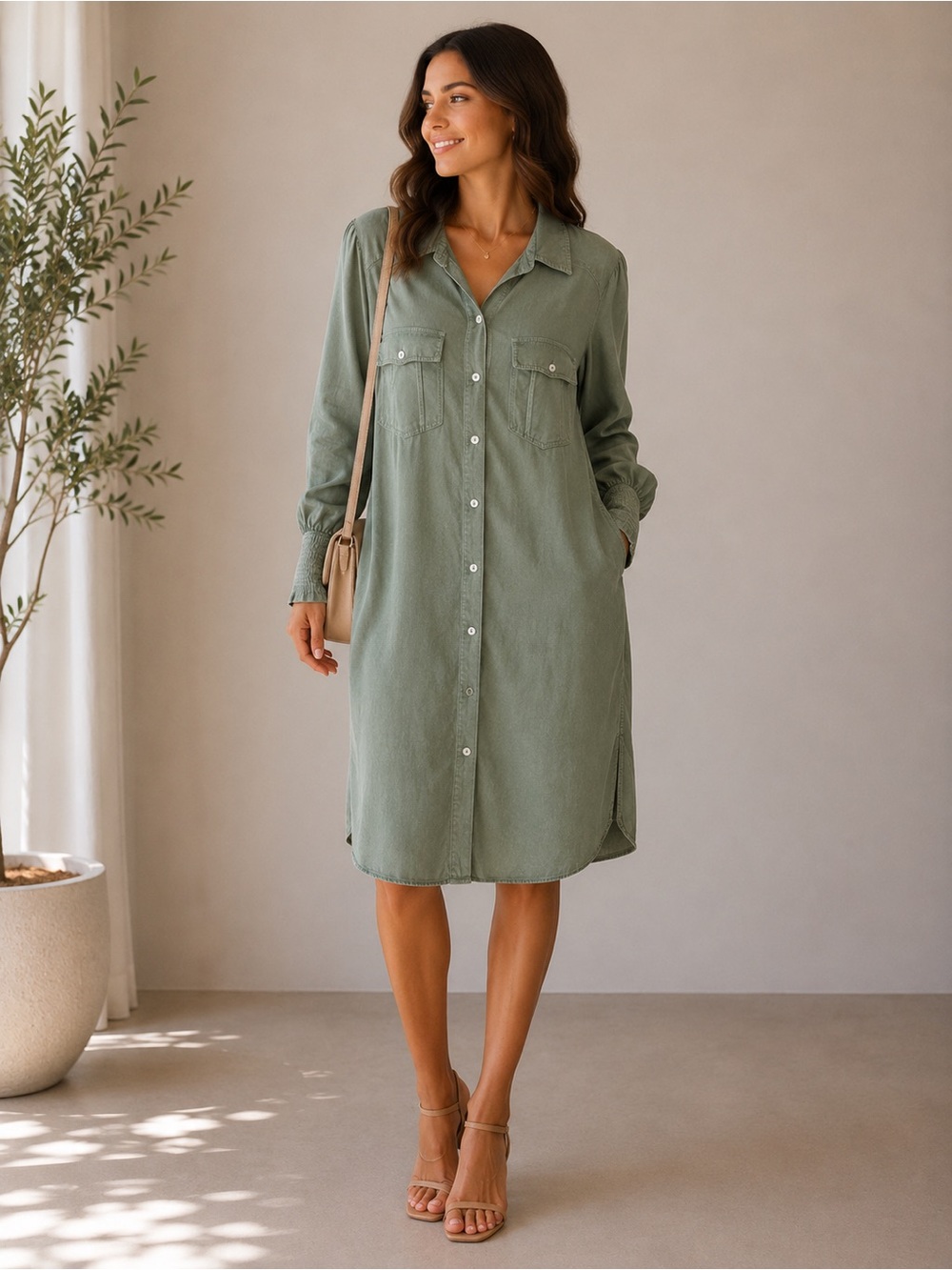 Easel Sage Green Long Sleeve Button-Down Shirt Dress